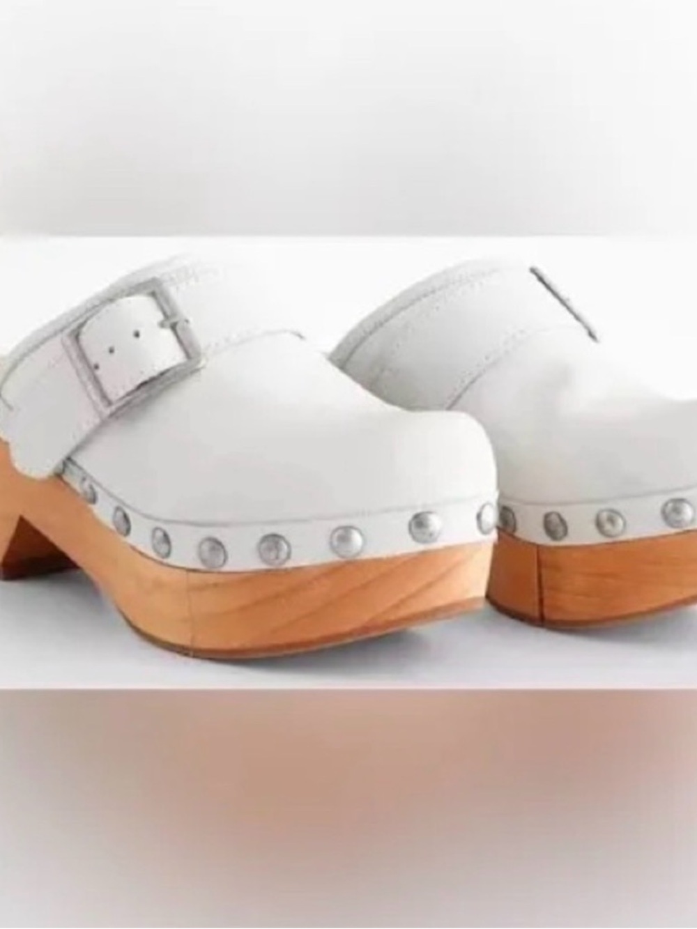 Free People White Leather Clog Mules with Wood-Effect Platform Sz 39